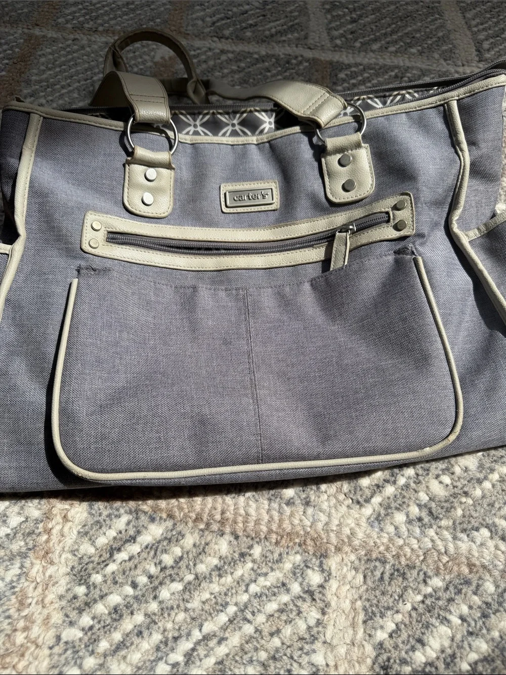 Carter's Gray Canvas Diaper Tote with Cream Trim